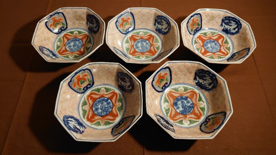 大聖寺伊万里　古伊万里　伊万里　色絵　金襴手　八角鉢　江戸期　蔵出し　５客