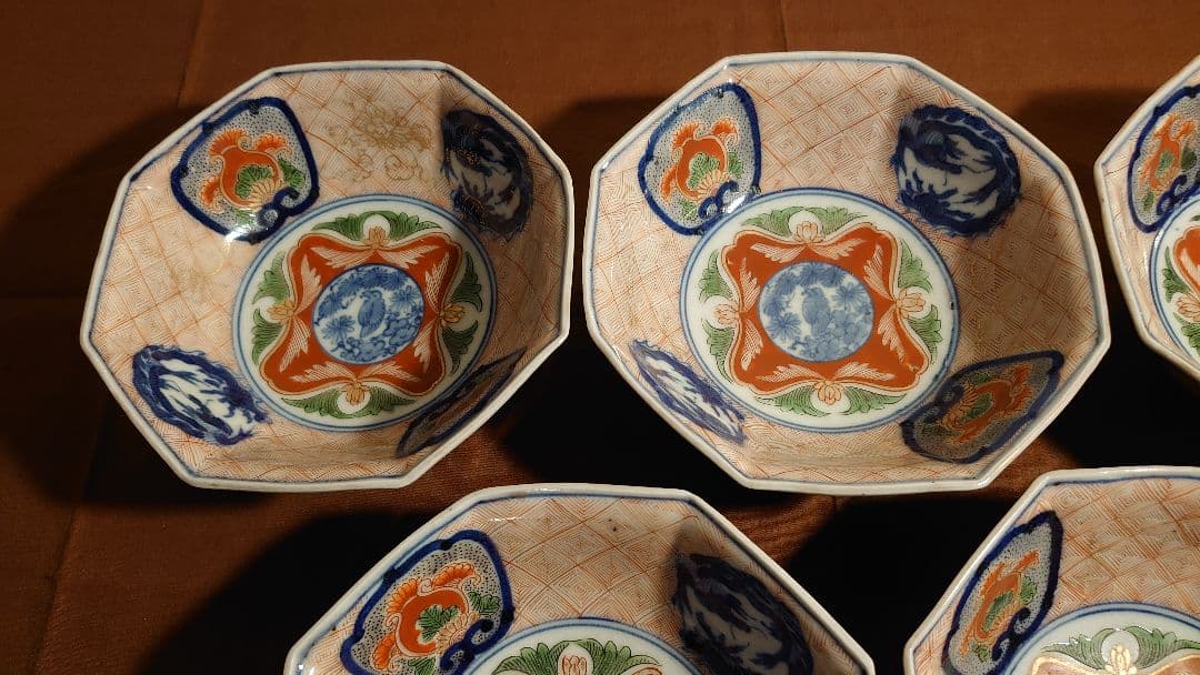 大聖寺伊万里　古伊万里　伊万里　色絵　金襴手　八角鉢　江戸期　蔵出し　５客