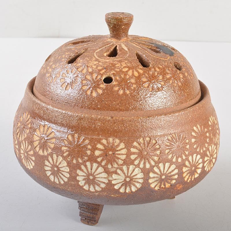 肥前　くろかみ窯　小野竹春作　花文　香炉　共箱　C　R7327