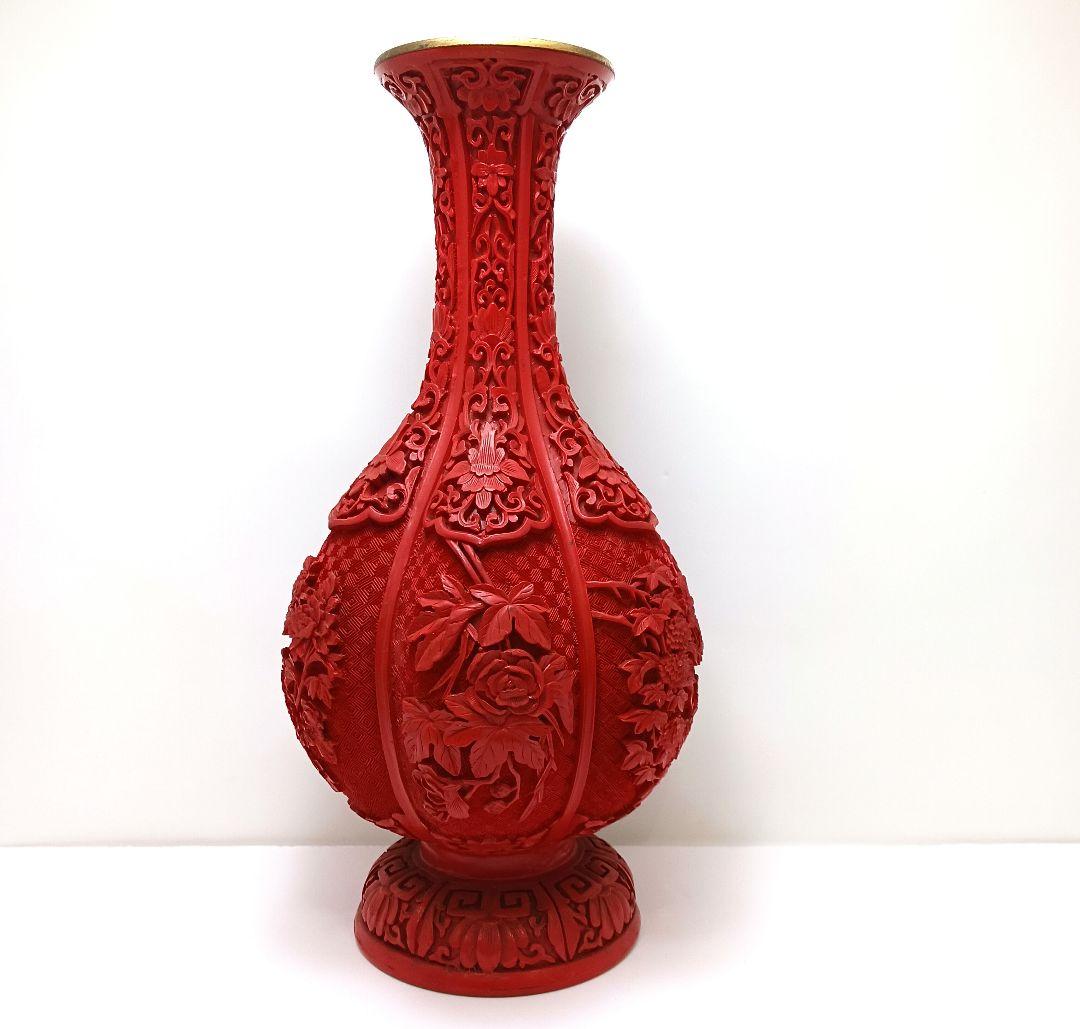 Y2551 中国 堆朱 6面花図 花瓶 高さ31.5㎝