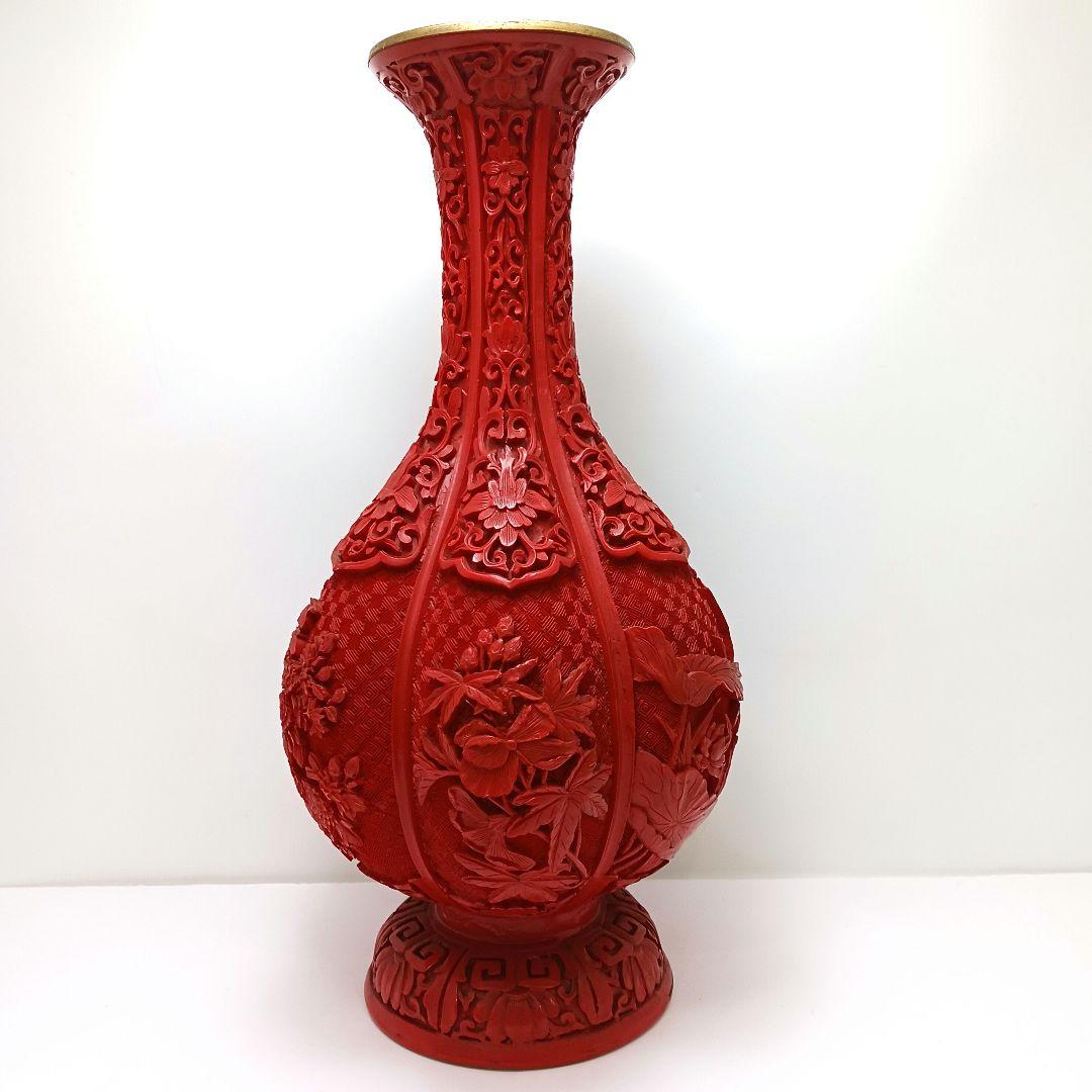 Y2551 中国 堆朱 6面花図 花瓶 高さ31.5㎝