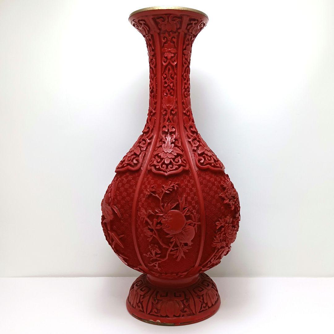 Y2551 中国 堆朱 6面花図 花瓶 高さ31.5㎝