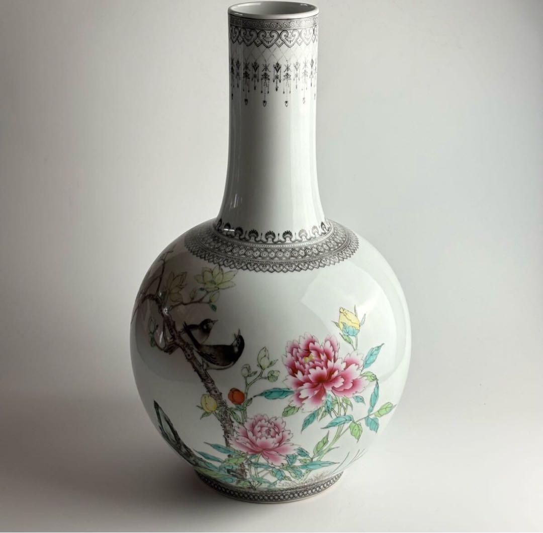中国 花瓶 色絵 磁器 花鳥 壺 壷 花瓶 陶磁器 粉彩