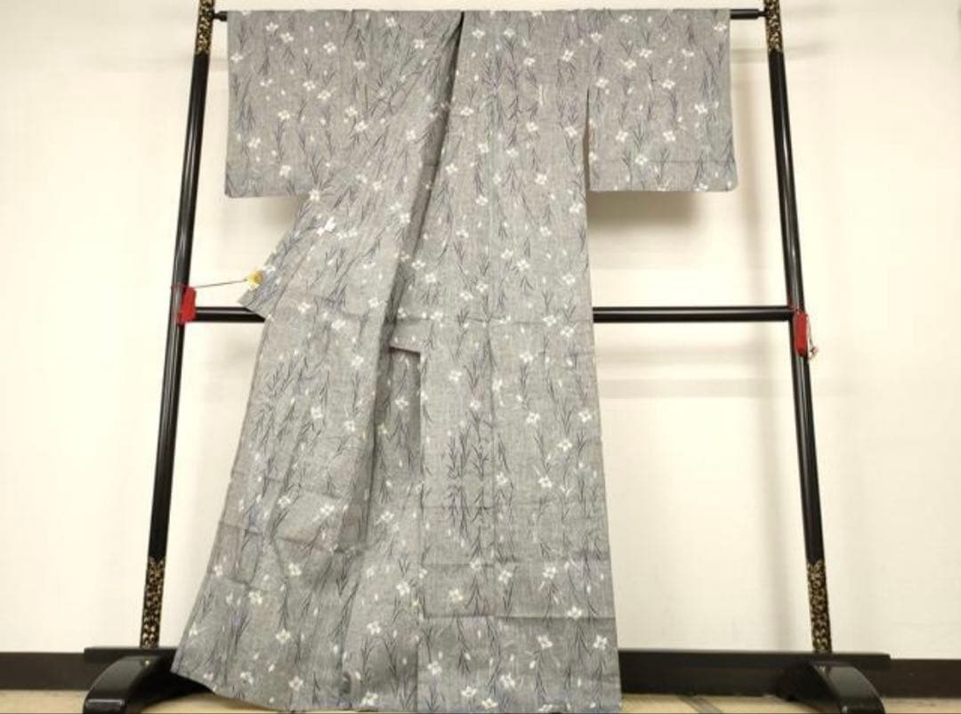 竺仙　注染　綿紬　グレー　菖蒲　Lサイズ