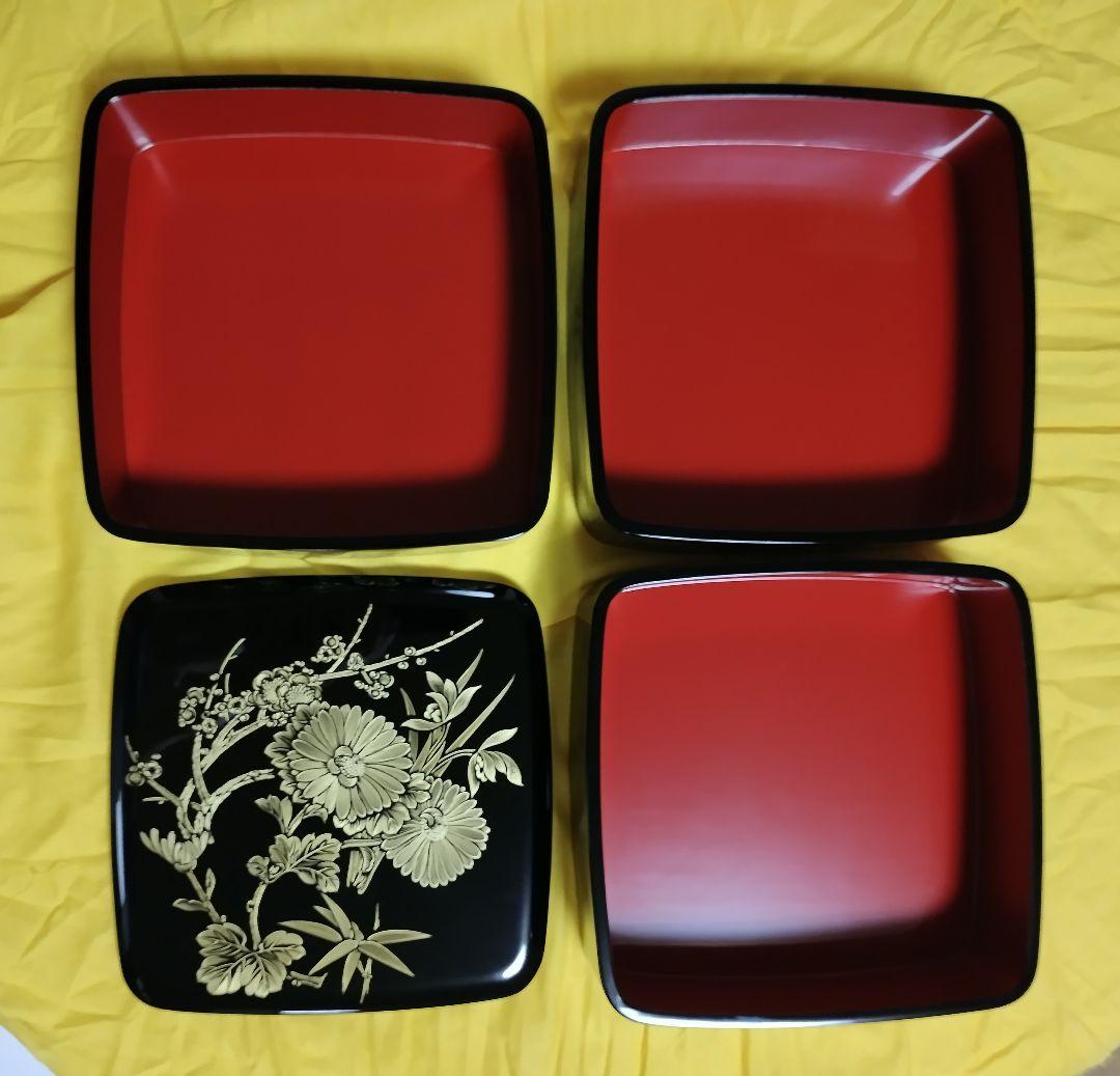 輪島塗　四君子沈金　胴張　三段重