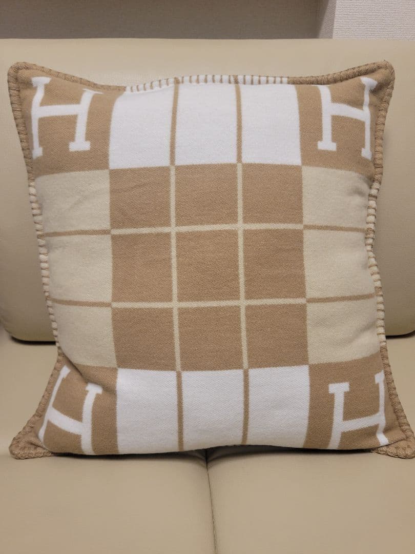 【ラスト1点】　エルメス　クッションカバー　キャメル　45×45　チェック