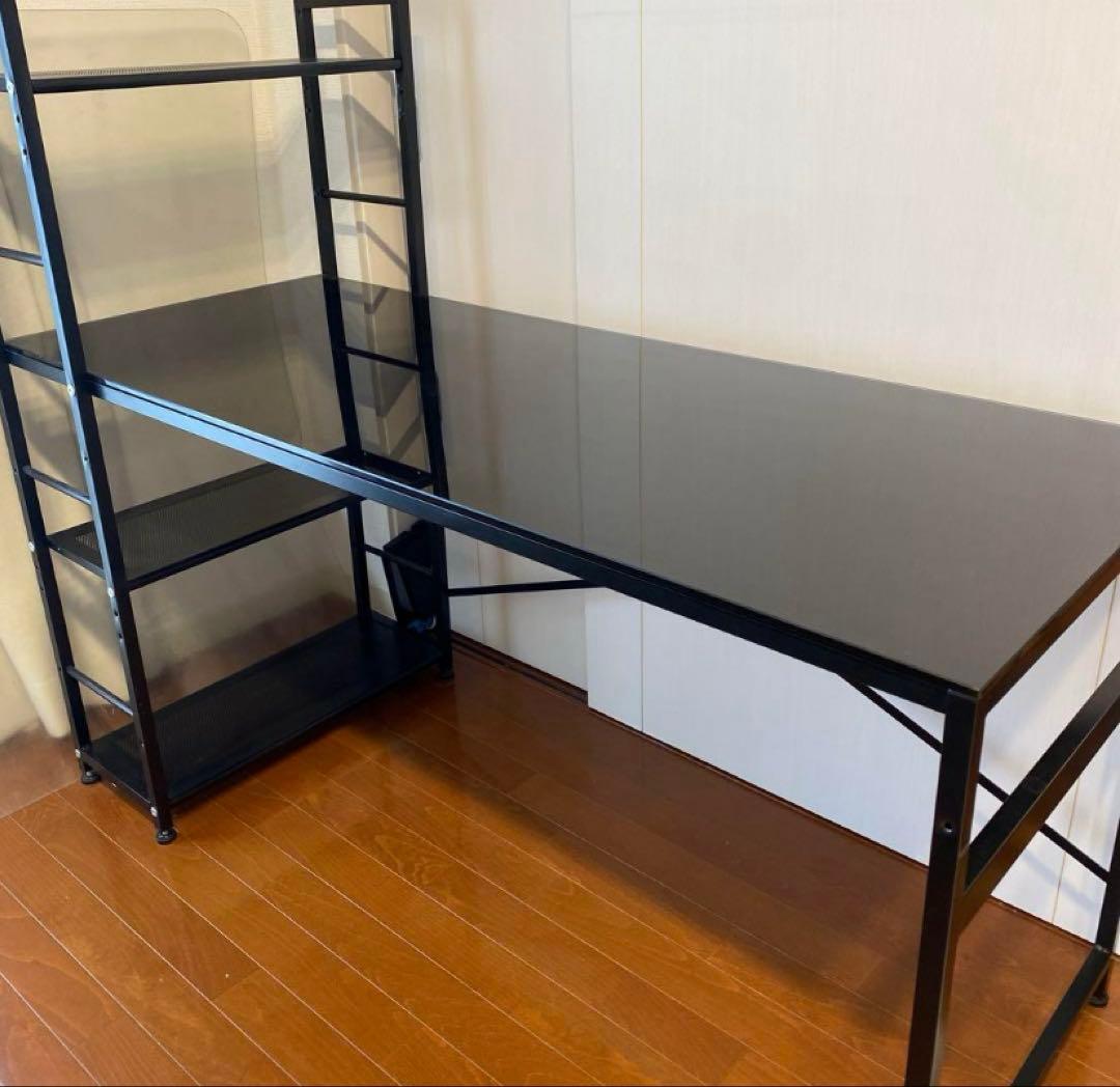 パソコンデスク 棚付き 収納ラック一体型 強化ガラス LOWYA