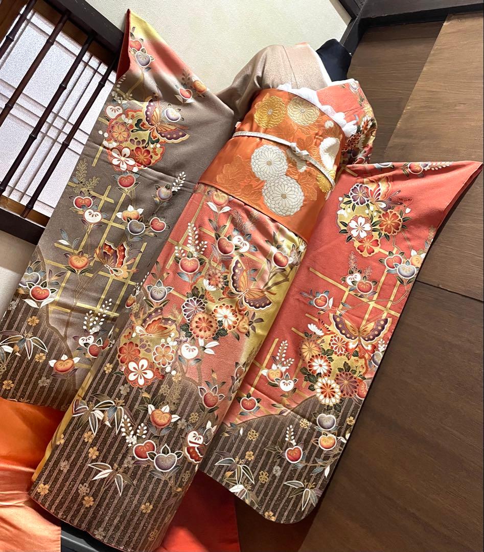 振袖フルセット6点サイズM〜Ｌ舞蝶花文　暈し染め　金彩　正絹
