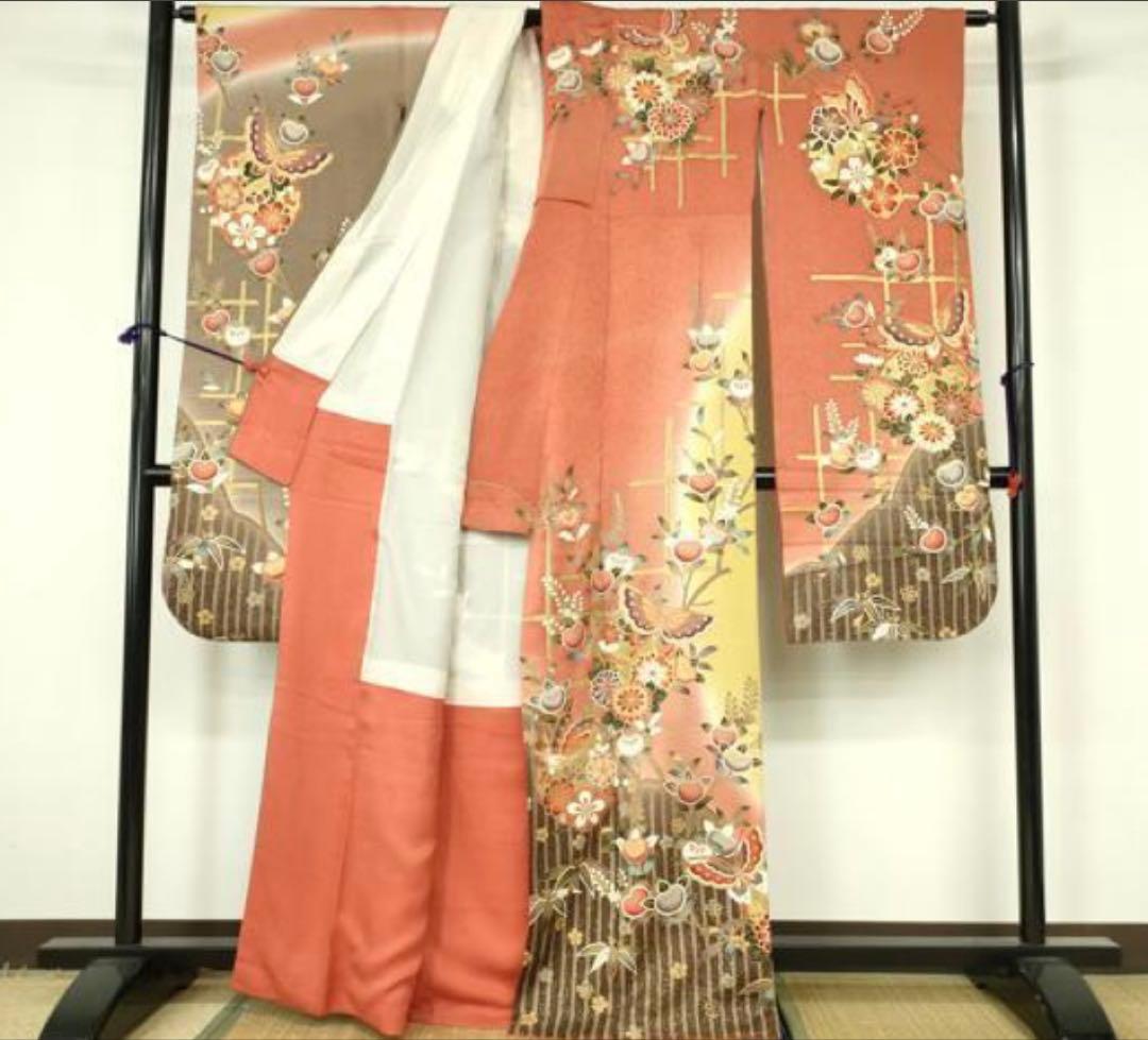 振袖フルセット6点サイズM〜Ｌ舞蝶花文　暈し染め　金彩　正絹