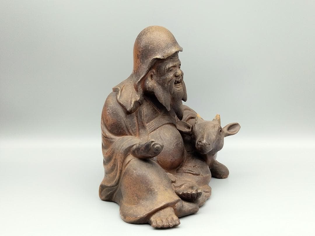 備前焼 古備前 備前国伊部村・木村盛治清近作 牛と寿老人 香炉仕立