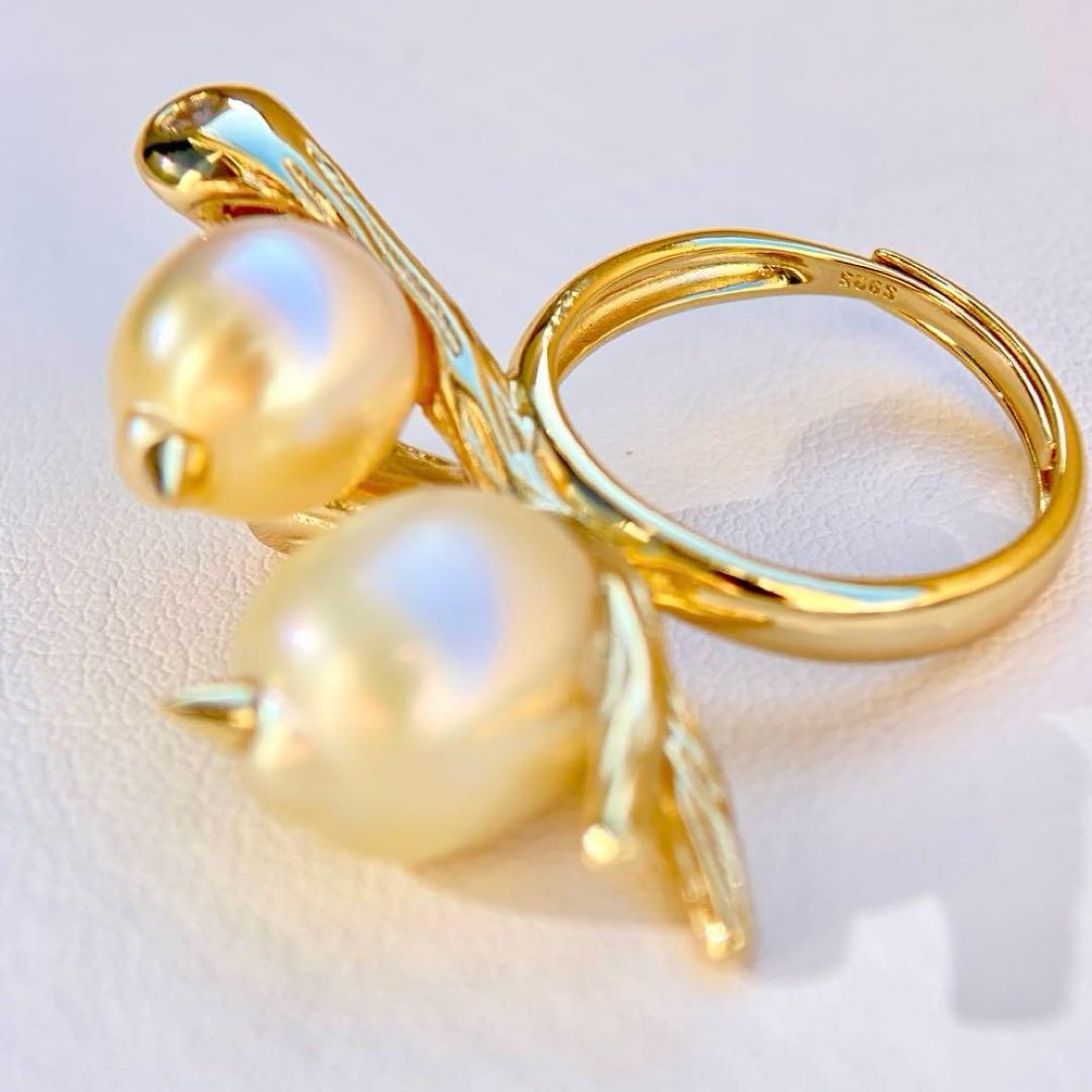 本真珠南洋白蝶真珠シャンパン&ゴールド「鳥と枝 」s925リングY1006