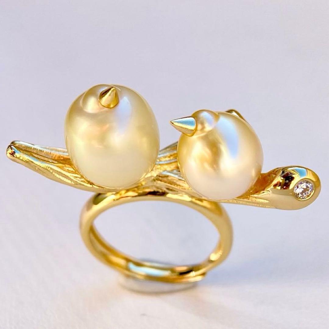 本真珠南洋白蝶真珠シャンパン&ゴールド「鳥と枝 」s925リングY1006