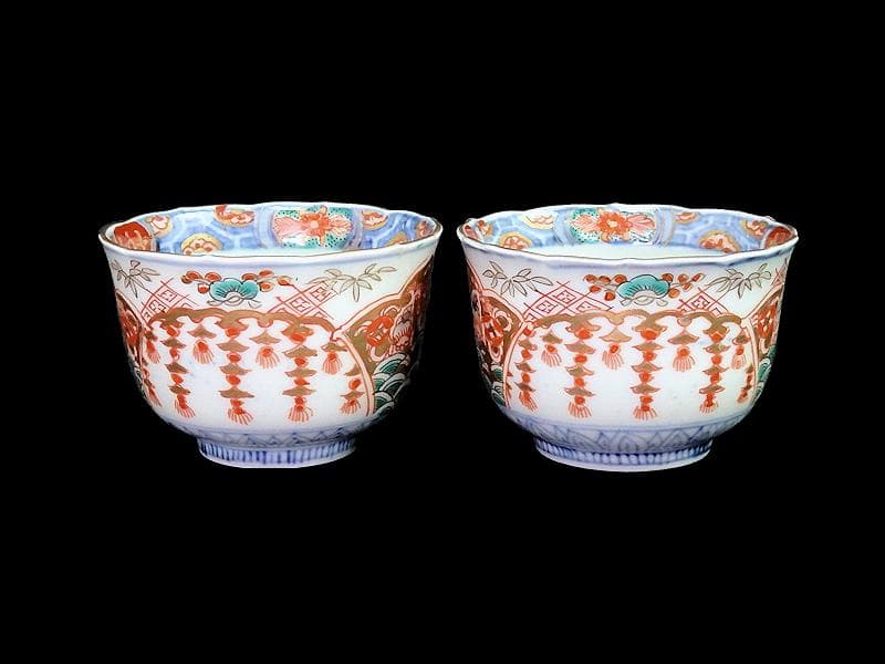 古伊万里　金襴手　瓔珞紋に松竹梅　獅子に青海波の図　猪口　E767AS-CRj