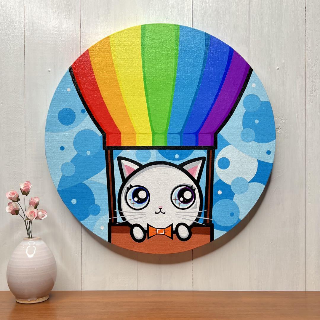 「虹色の気球」｜絵画 原画 動物画 猫の絵 イラスト ドローイング