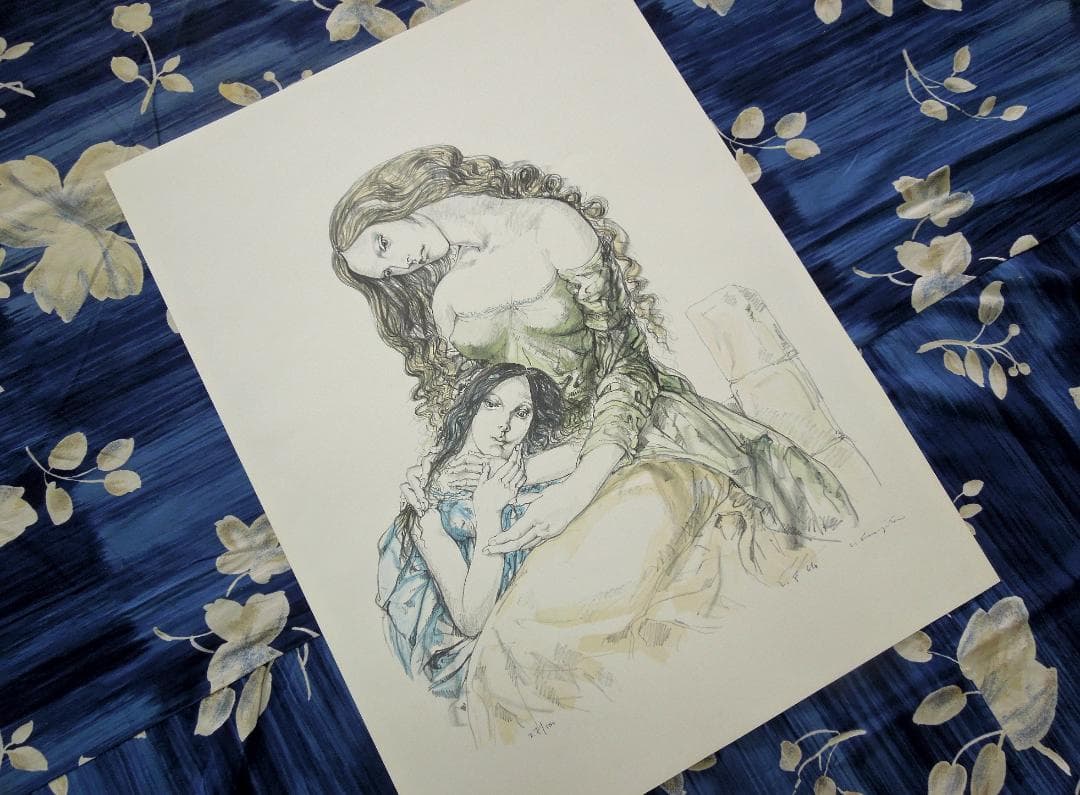 真作　130万円　君代コレクション　藤田嗣治　母と娘　直筆サイン　ブイッソン証明