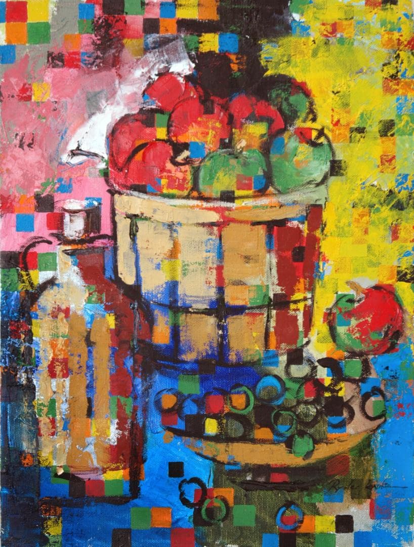 油絵 菅家令子 絵 絵画インテリア額付(白) uF6-063704 静物果物 瓶