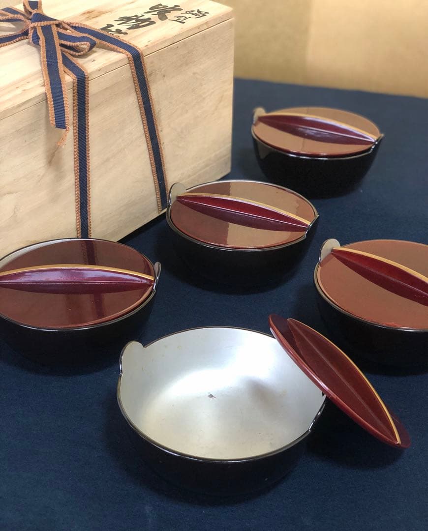 《レ》鍋型 吸物椀5客 多用椀 木製漆器 木箱　251127お1