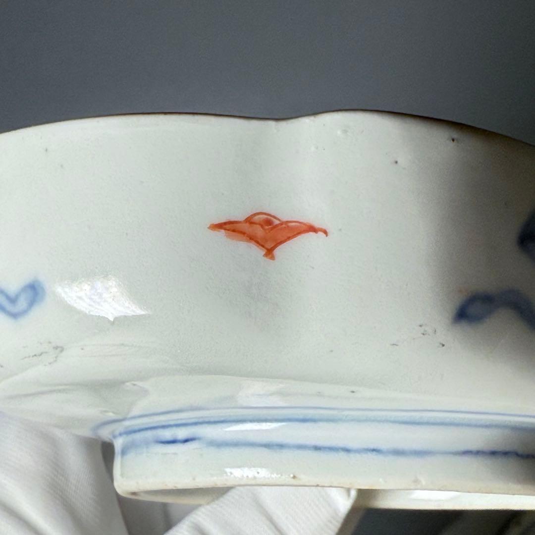 古伊万里　色絵幾何学文木瓜形皿　五客　裏文様有　巻物　宝珠　幕末〜明治期