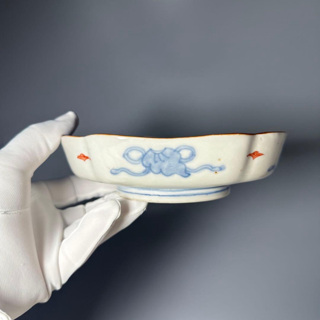 古伊万里　色絵幾何学文木瓜形皿　五客　裏文様有　巻物　宝珠　幕末〜明治期