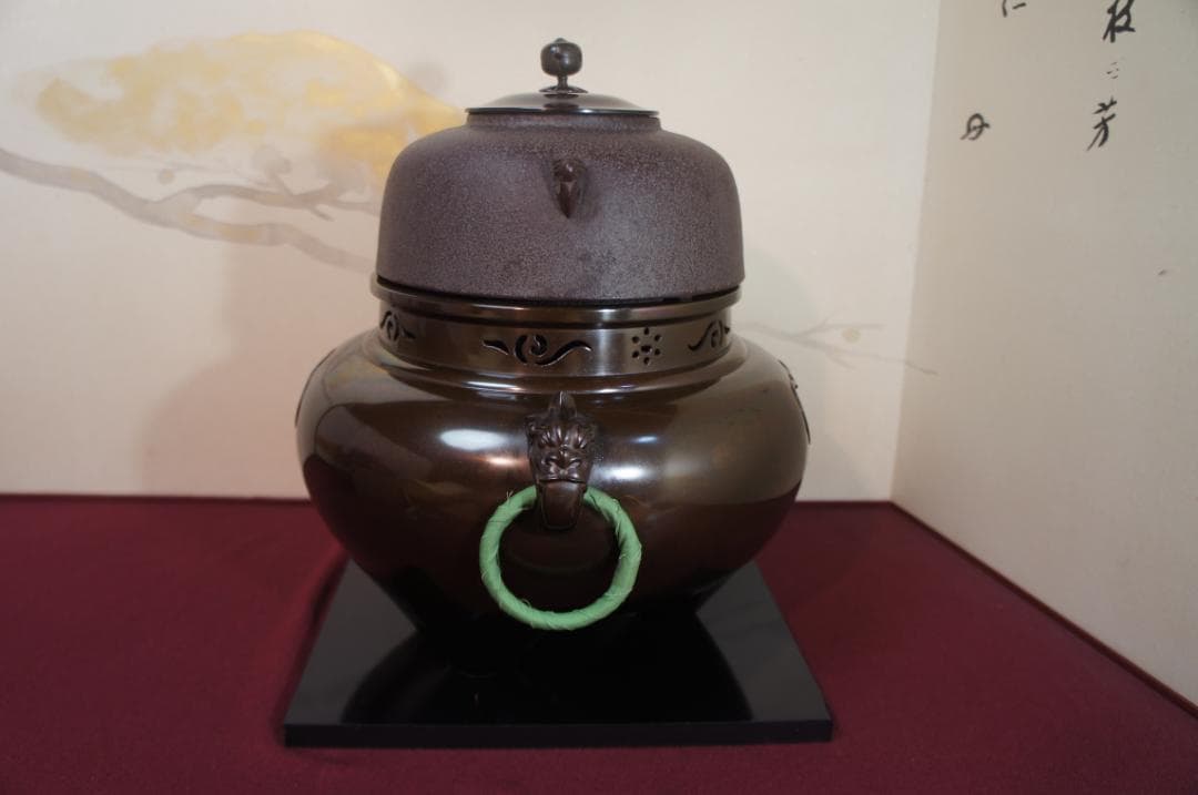 ☆美品 国宝経典作 真形釜添え唐銅鬼面風炉 唐銅蓋 釜鐶 電熱器他送料込み