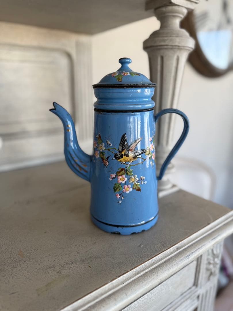 フランスアンティーク激レア！小花と小鳥のハンドペイントホーローコーヒーポット