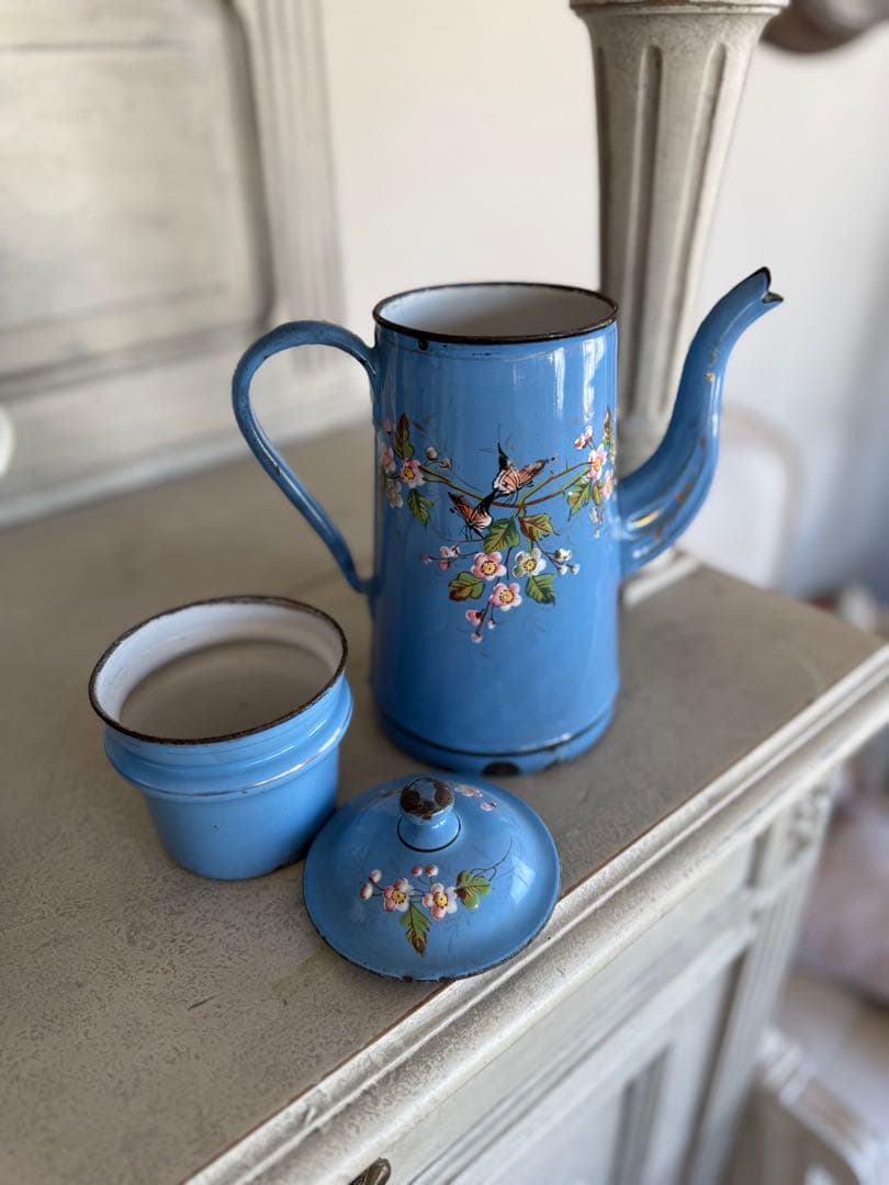 フランスアンティーク激レア！小花と小鳥のハンドペイントホーローコーヒーポット