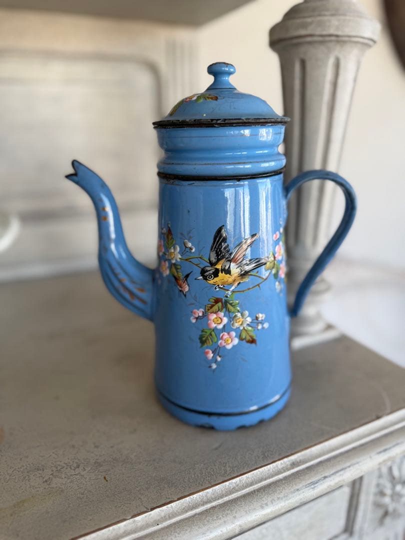 フランスアンティーク激レア！小花と小鳥のハンドペイントホーローコーヒーポット
