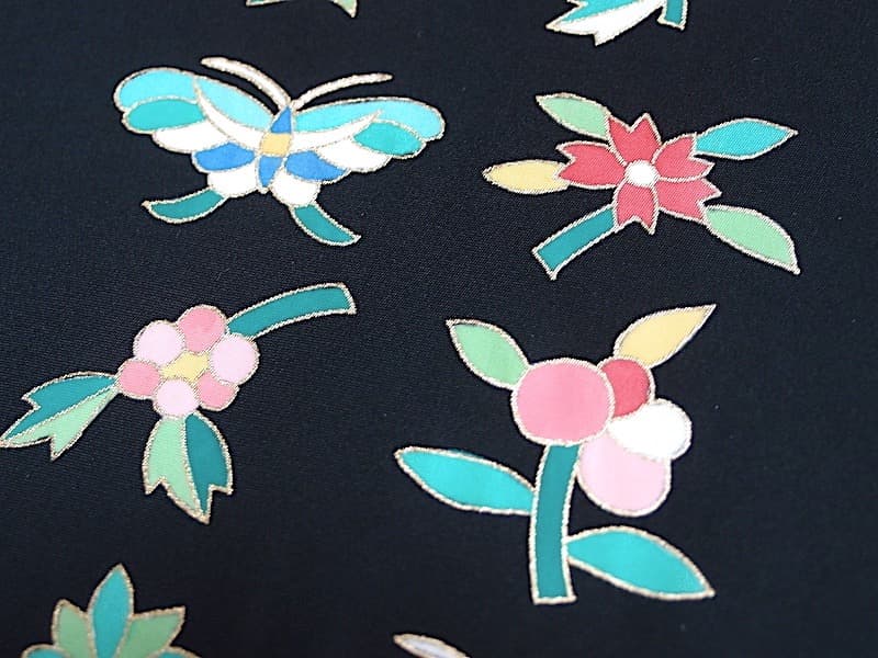 三越誂　塩瀬名古屋帯（花と蝶文）長368　正絹美品