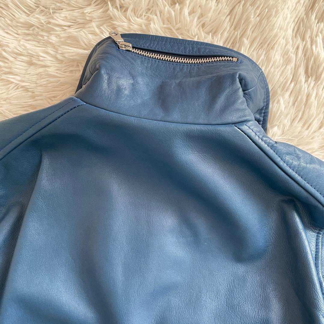 美品 NO ID. レザー シングルライダース ダブルジップ ブルー レッド