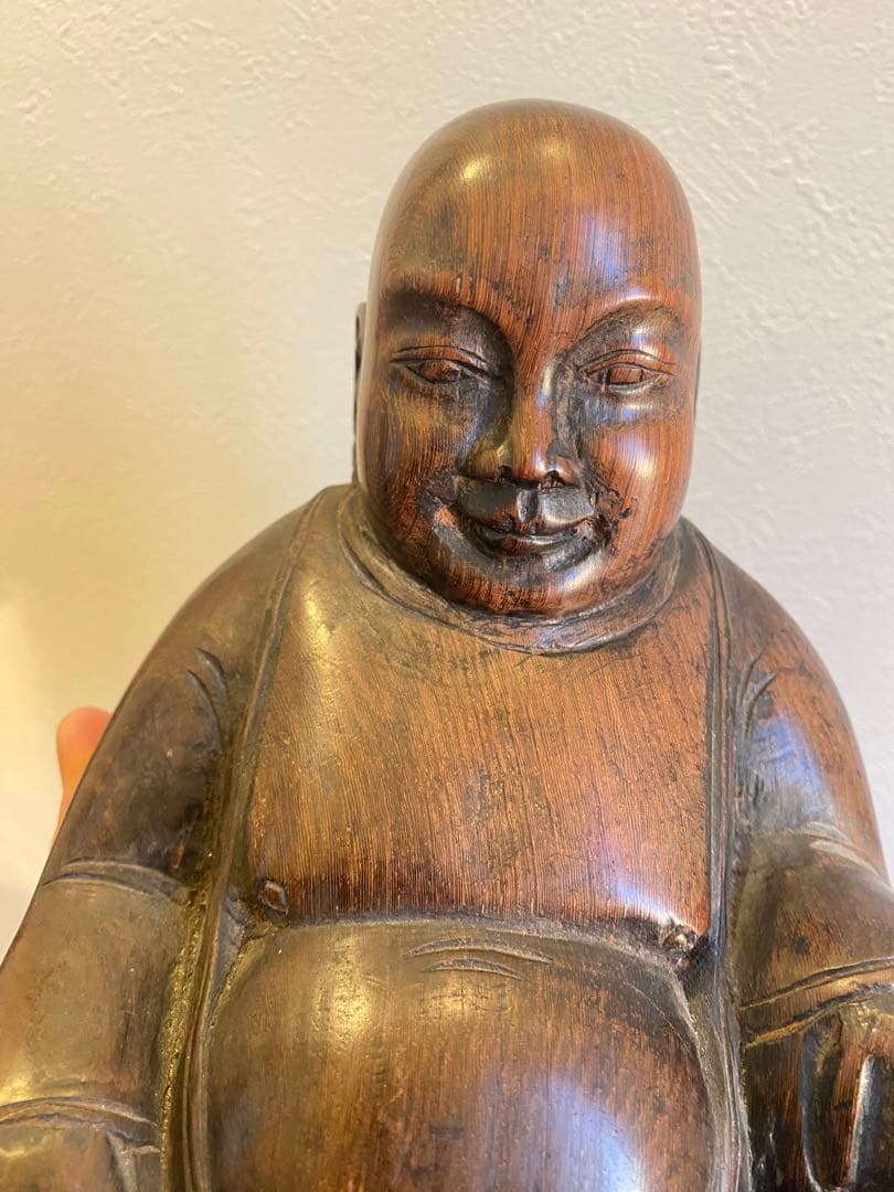 紫檀、黑檀彫刻布袋座佛像、高さ22cm重さ1799g