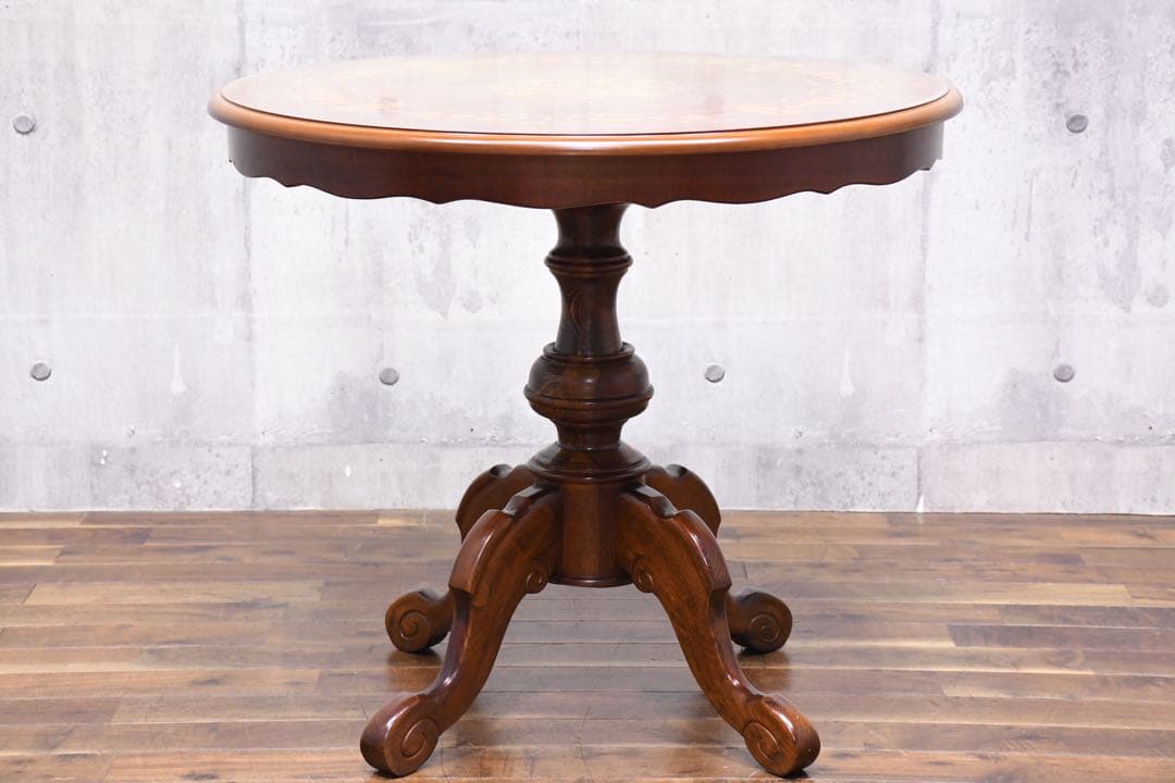 ECK34 イタリア製 猫脚 象嵌 レリーフ カフェテーブル ラウンドテーブル