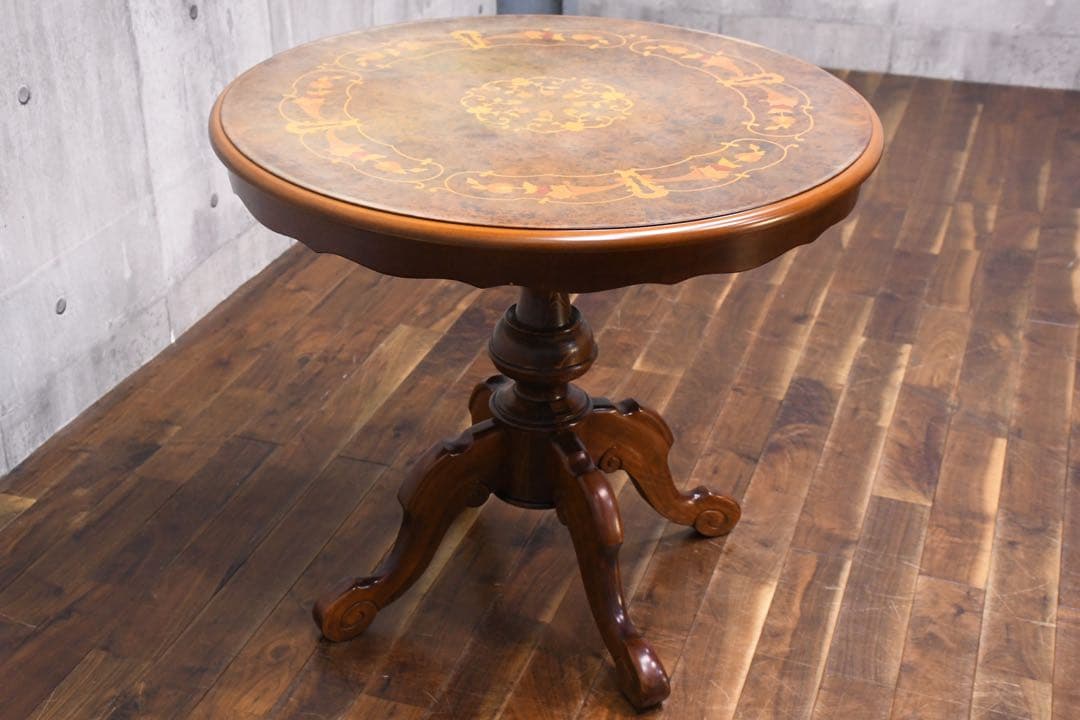 ECK34 イタリア製 猫脚 象嵌 レリーフ カフェテーブル ラウンドテーブル