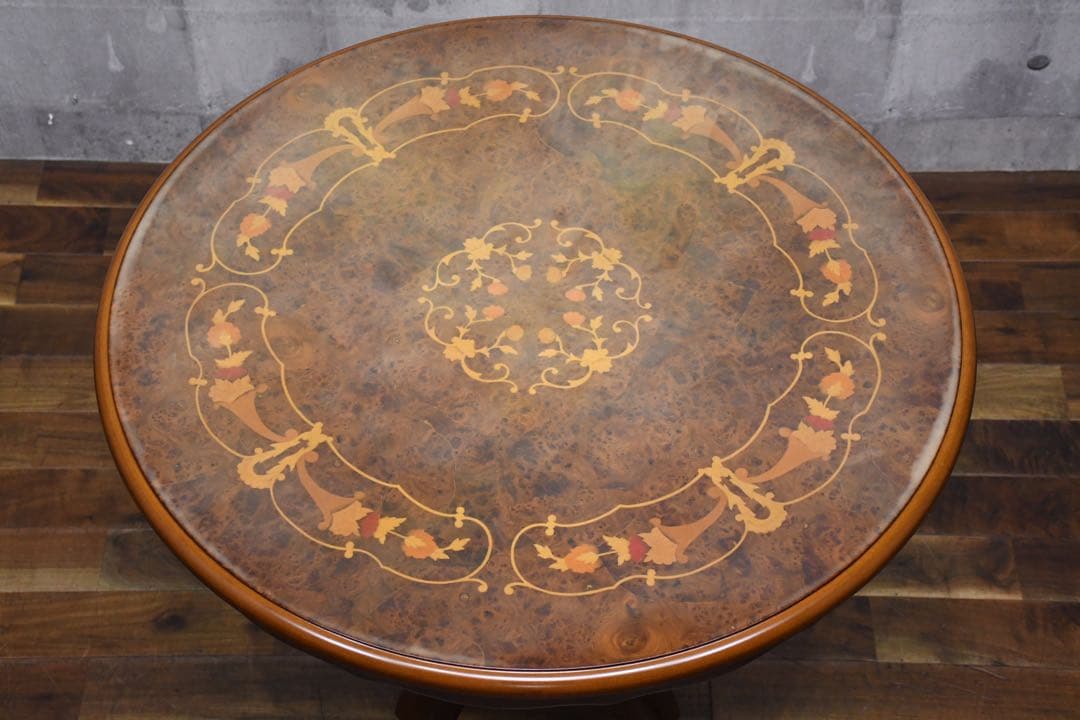 ECK34 イタリア製 猫脚 象嵌 レリーフ カフェテーブル ラウンドテーブル