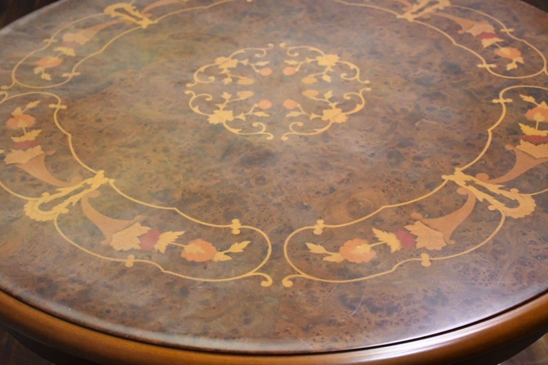 ECK34 イタリア製 猫脚 象嵌 レリーフ カフェテーブル ラウンドテーブル
