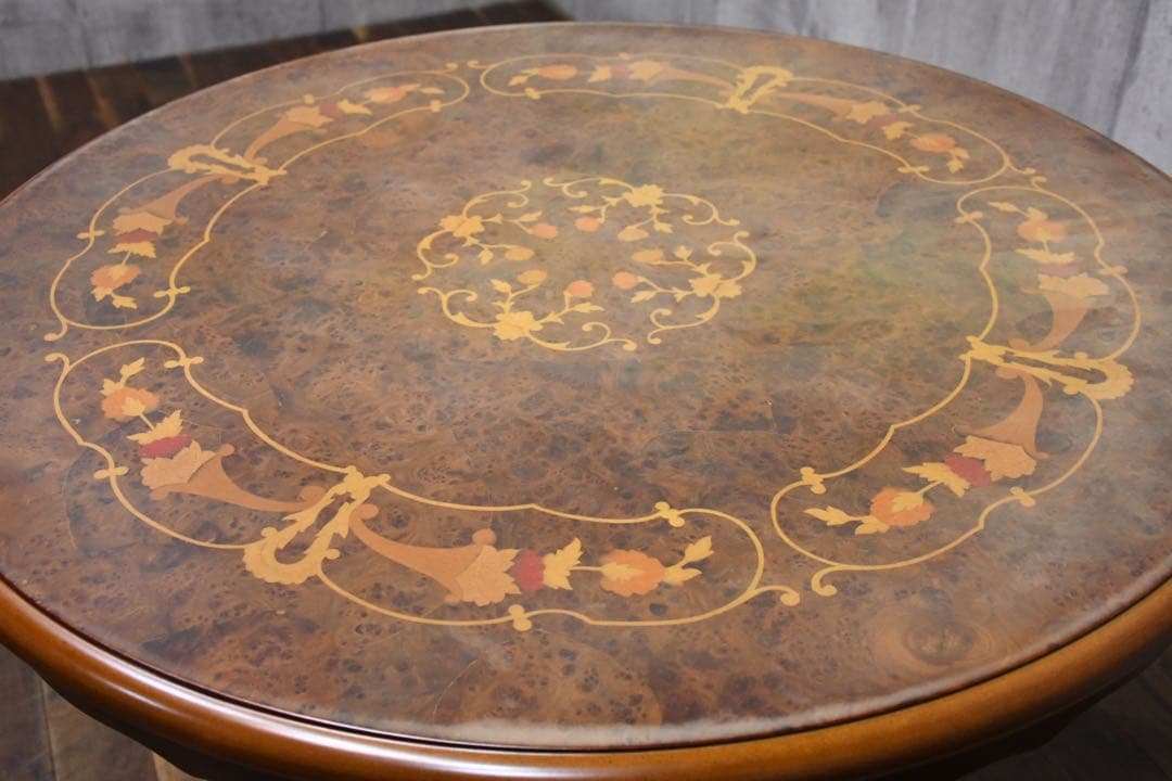 ECK34 イタリア製 猫脚 象嵌 レリーフ カフェテーブル ラウンドテーブル