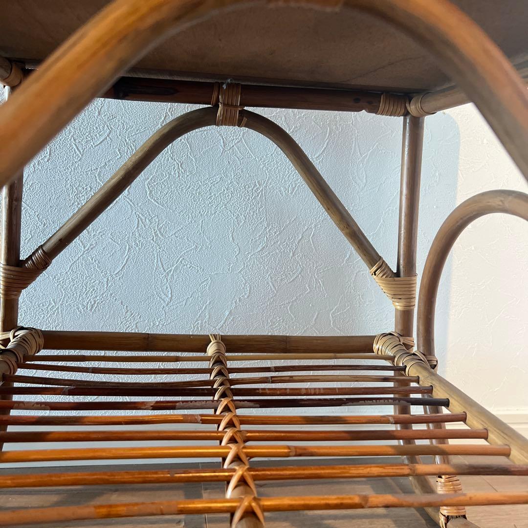 古家具◾️木製天板×籐ラタンフレーム カフェテーブル コーヒーテーブル 籐家具