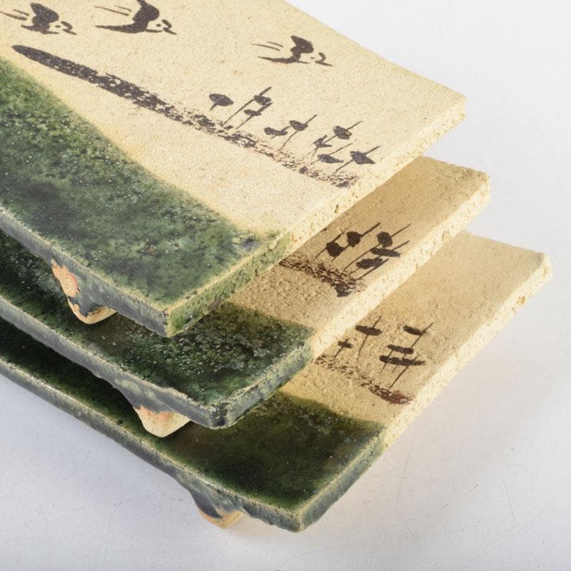 北大路魯山人作　織部焼　青織部　鳥文　四方皿　五客　時代箱　M　8981