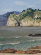 【真作】掛軸　水野陽翠　海　絶壁と波の彩　日本画　太巻　共箱入　T90