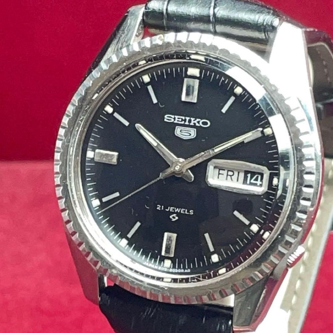 OH済 希少黒 未使用 SEIKO 5 風防新品換済 自動巻 フルーテッドベゼル