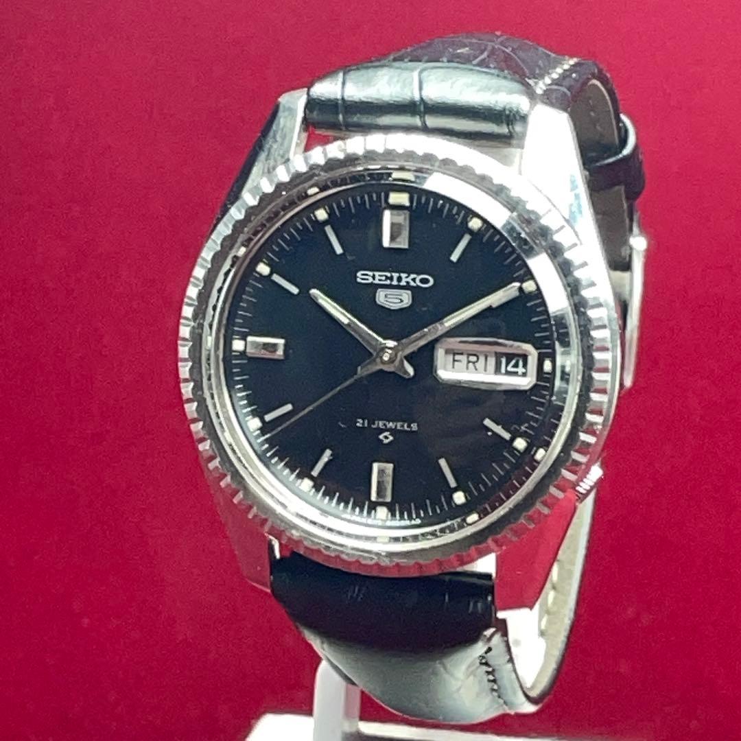 OH済 希少黒 未使用 SEIKO 5 風防新品換済 自動巻 フルーテッドベゼル