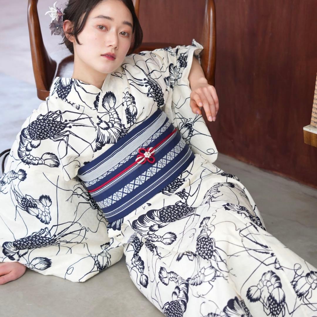 ニコアンティークオリジナル　国内染色 古典柄レトロ　伊勢海老　浴衣　花火大会