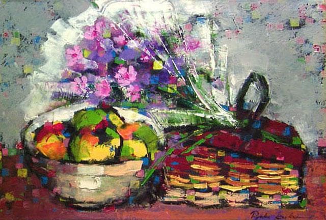 油絵 絵 絵画インテリア 額付(青緑＋金色の枠) uF6-062104 花 果物