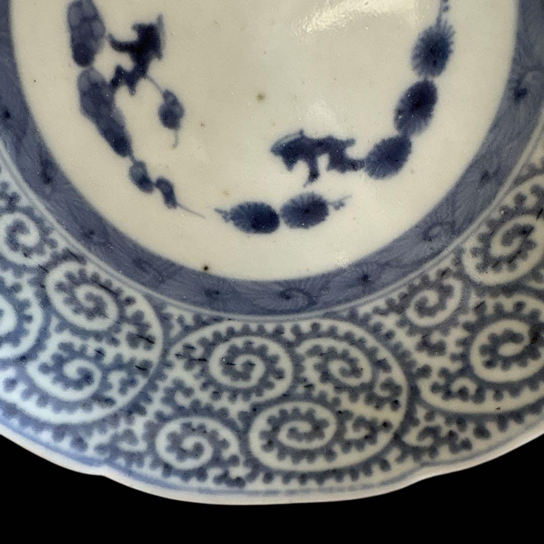 伊万里 有田 染付 印判手 輪花小皿 蛸唐草 見返し蓮弁帯 見込 竹葉 花枝