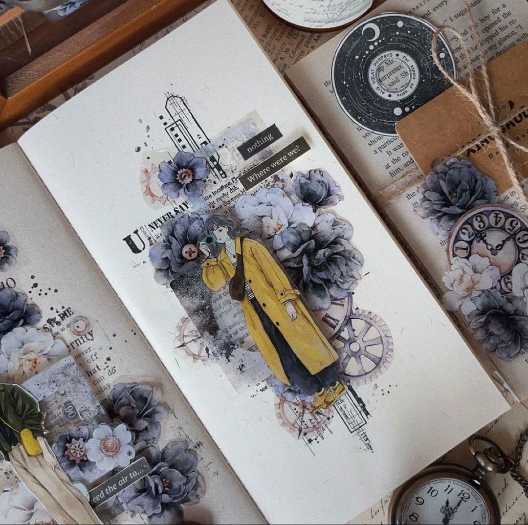 贝壳光 烟墨白 6cm×6m 海外マスキングテープ　海外マステ　時計　花