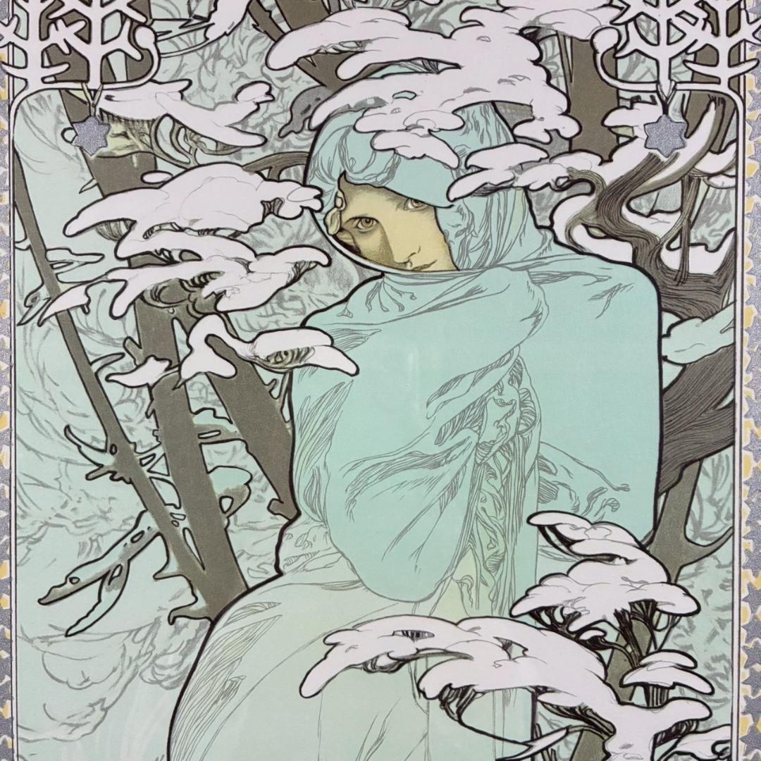 美品 アルフォンス・ミュシャ「四季・冬」リトグラフ 摺師サイン入り お洒落額装