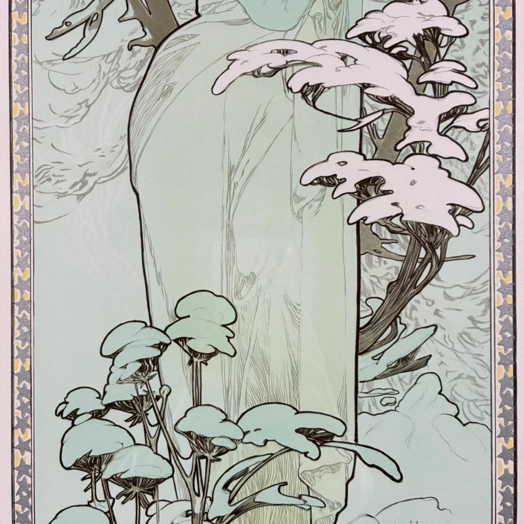 美品 アルフォンス・ミュシャ「四季・冬」リトグラフ 摺師サイン入り お洒落額装