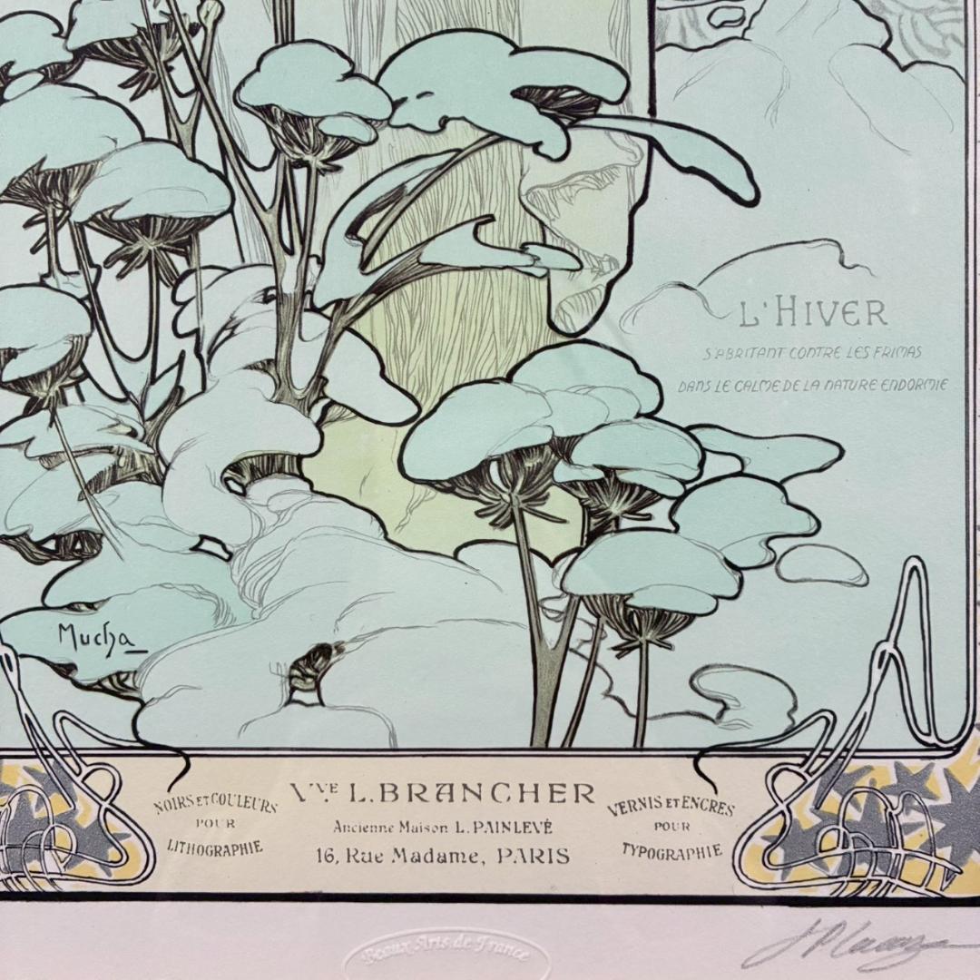 美品 アルフォンス・ミュシャ「四季・冬」リトグラフ 摺師サイン入り お洒落額装