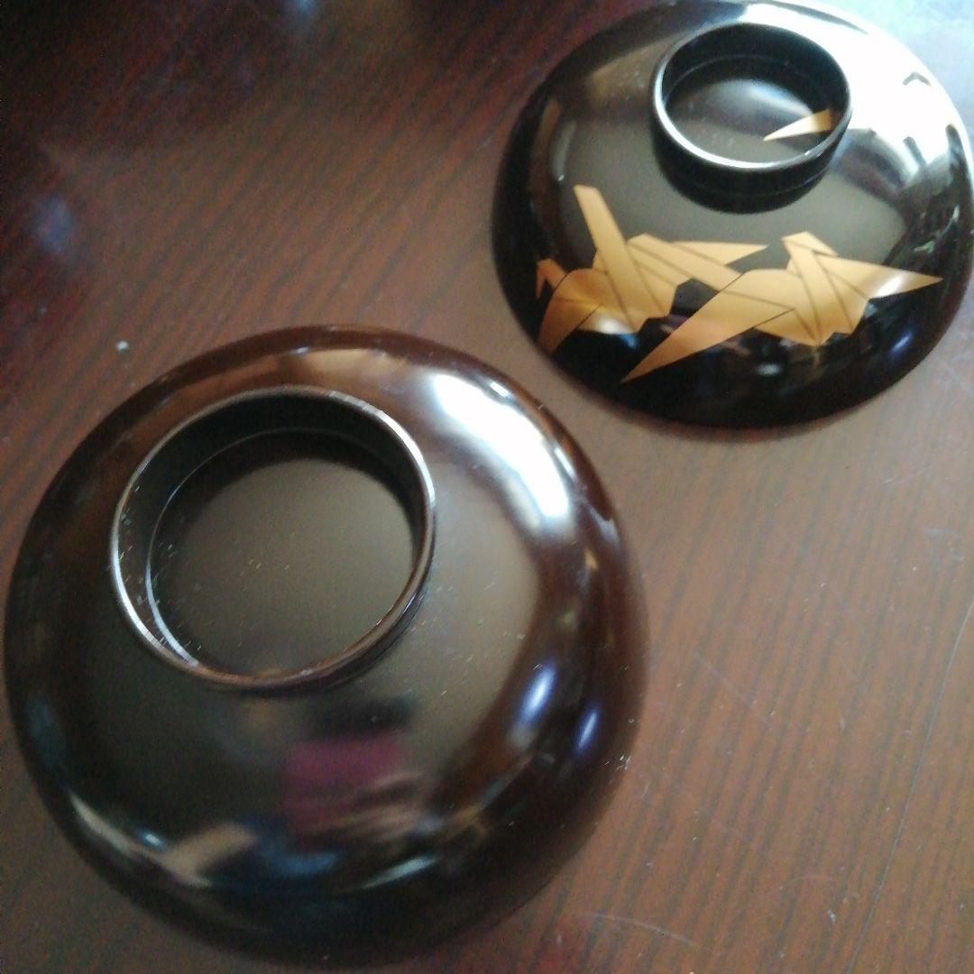 木製漆器　金彩折鶴画蓋付椀　10客　12.2cm　大正期