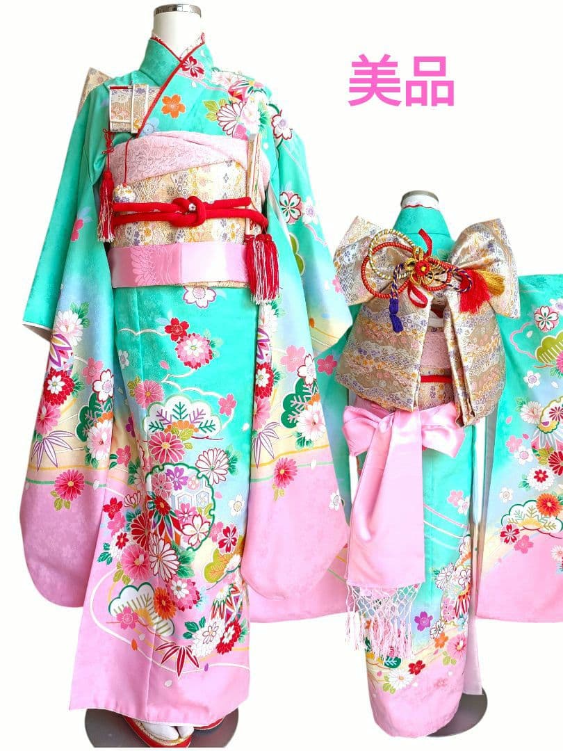 ミントグリーンの着物に白の作り帯セット☆七五三７歳　ハーフ成人式