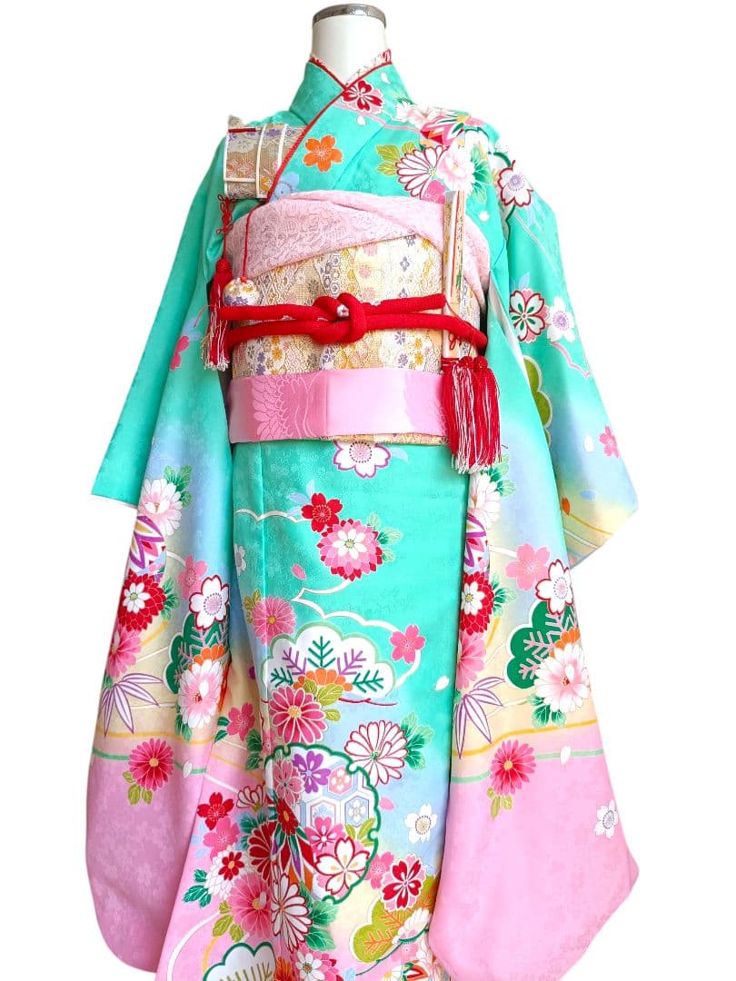 ミントグリーンの着物に白の作り帯セット☆七五三７歳　ハーフ成人式
